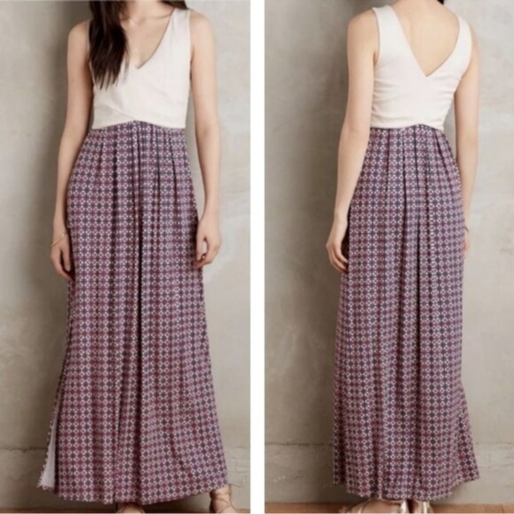 Anthropologie Maeve Cream Pink Sleeveless Elysian Geometric Maxi Dress Small